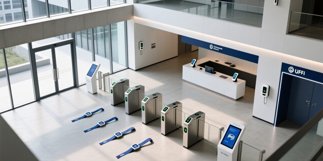 Professional overhead shot of an urban cultural-tourism complex with RFID wristbands on display near integrated access gates, digital signage, and hospitality service points