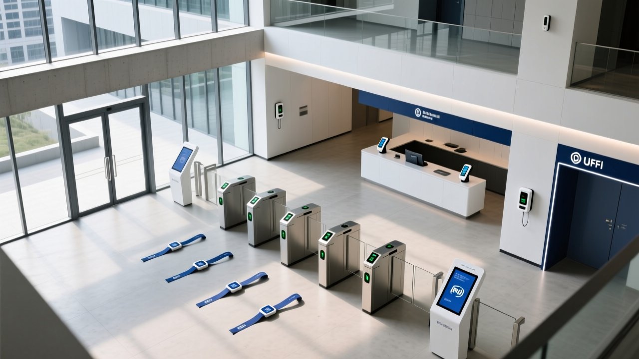 Professional overhead shot of an urban cultural-tourism complex with RFID wristbands on display near integrated access gates, digital signage, and hospitality service points