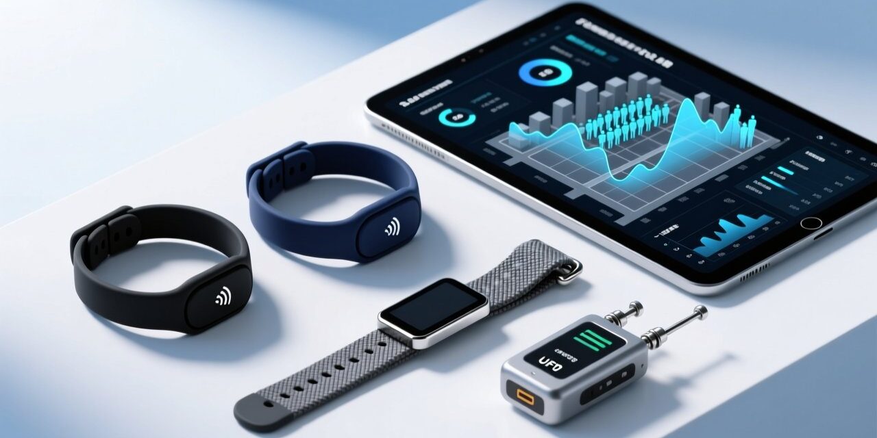 Professional overhead shot of RFID wristbands on a clean white surface beside an industrial UHF reader and digital dashboard showing real-time event analytics