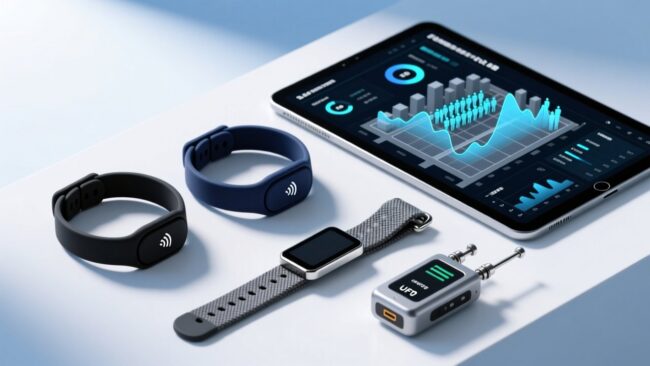 Professional overhead shot of RFID wristbands on a clean white surface beside an industrial UHF reader and digital dashboard showing real-time event analytics