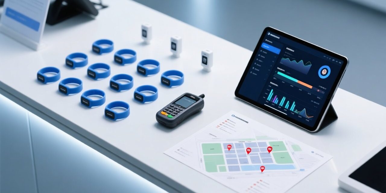 Professional overhead shot of RFID cashless wristbands on a festival operations desk beside a handheld reader, digital dashboard, and event layout map