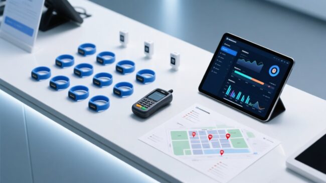 Professional overhead shot of RFID cashless wristbands on a festival operations desk beside a handheld reader, digital dashboard, and event layout map