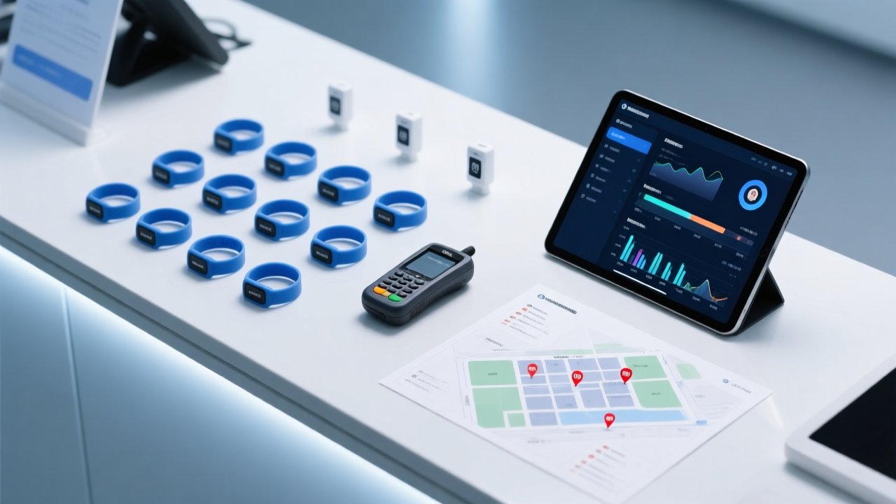 Professional overhead shot of RFID cashless wristbands on a festival operations desk beside a handheld reader, digital dashboard, and event layout map