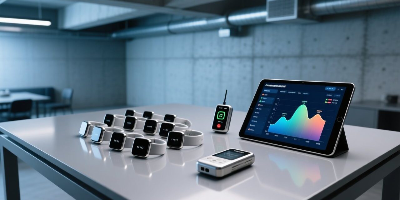 Professional overhead shot of RFID wristbands on a clean conference badge table beside an RFID reader and digital dashboard interface