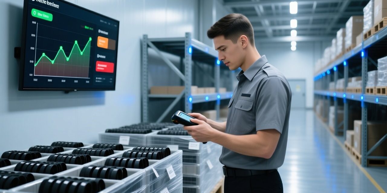 Professional logistics center with RFID wristbands on pallets, handheld scanner scanning tags, digital dashboard showing shipment status, clean industrial lighting
