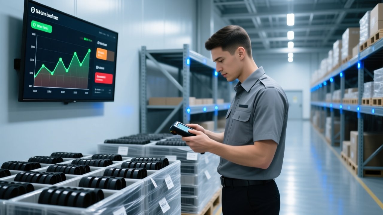Professional logistics center with RFID wristbands on pallets, handheld scanner scanning tags, digital dashboard showing shipment status, clean industrial lighting