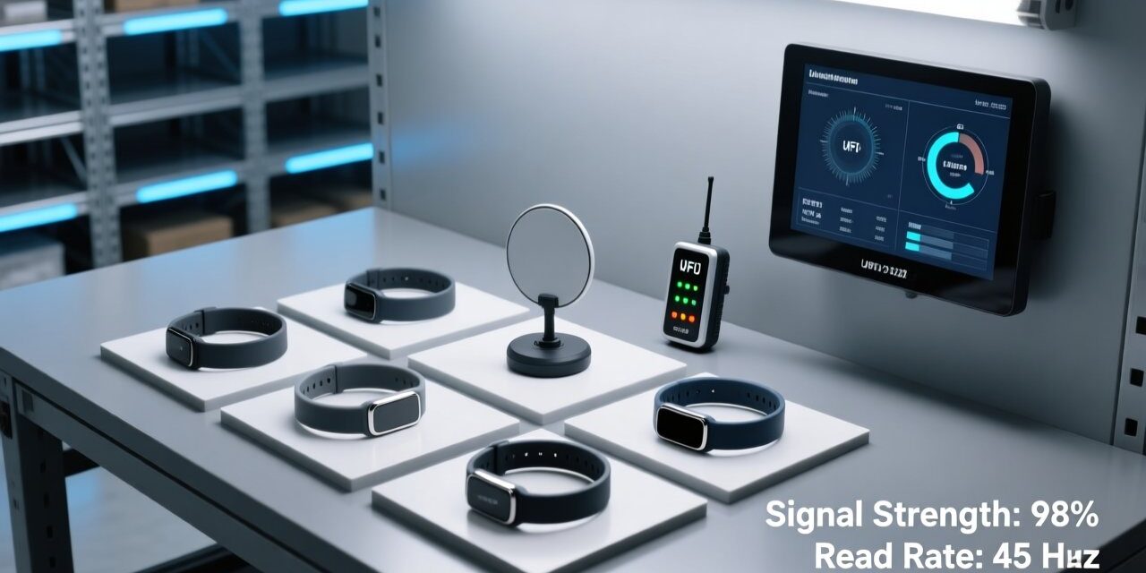 Professional overhead shot of RFID wristbands on a clean industrial workbench beside an RFID reader, antenna, and digital dashboard showing real-time scan data