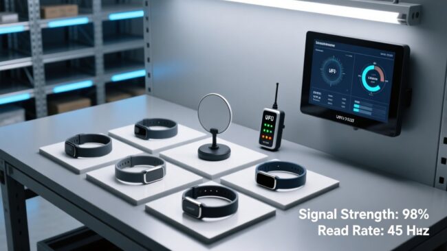 Professional overhead shot of RFID wristbands on a clean industrial workbench beside an RFID reader, antenna, and digital dashboard showing real-time scan data