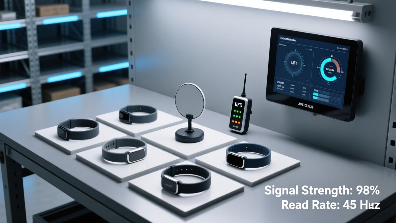 Professional overhead shot of RFID wristbands on a clean industrial workbench beside an RFID reader, antenna, and digital dashboard showing real-time scan data