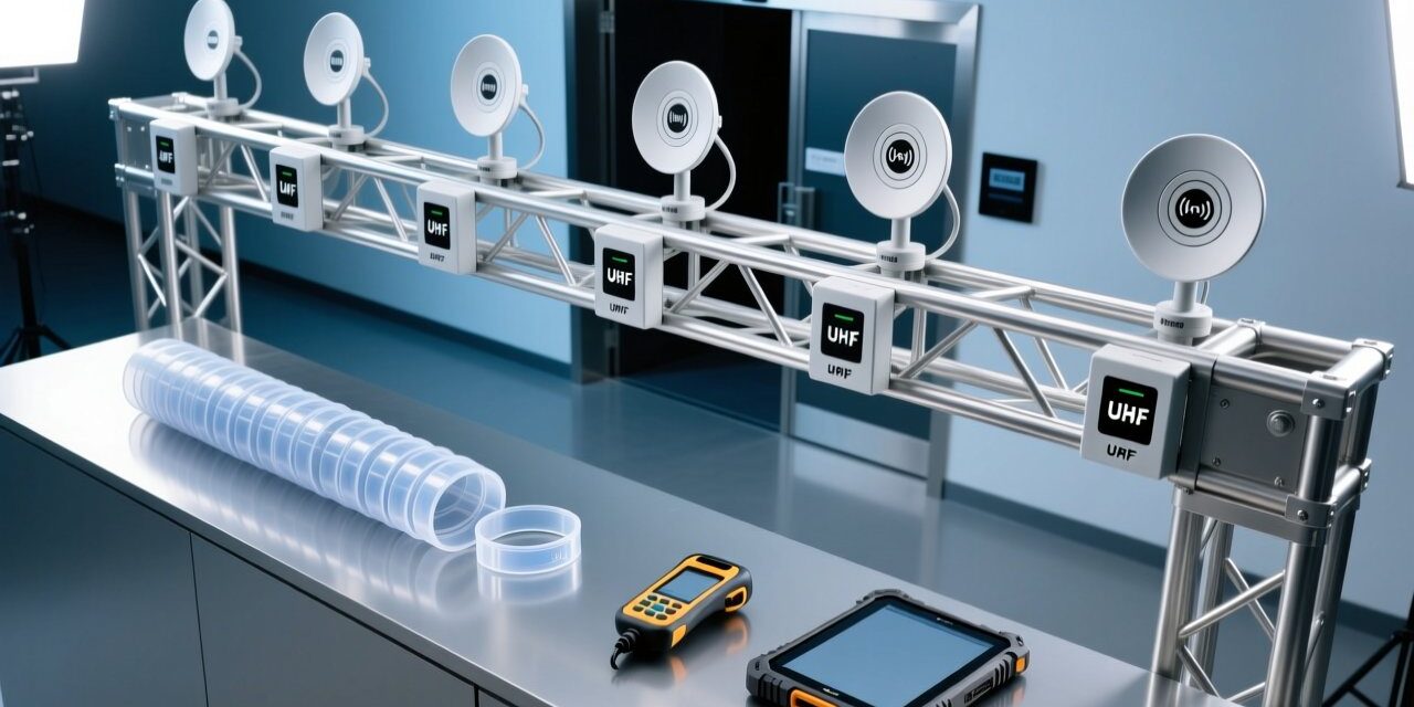 Professional overhead view of RFID wristband deployment setup at large-scale event entrance with UHF readers, antennas, and wristband samples on clean industrial table
