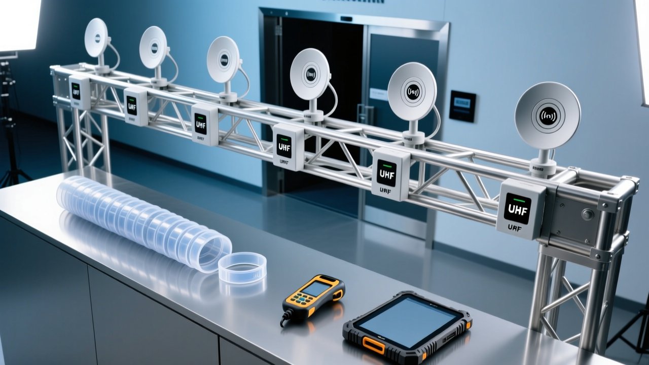 Professional overhead view of RFID wristband deployment setup at large-scale event entrance with UHF readers, antennas, and wristband samples on clean industrial table
