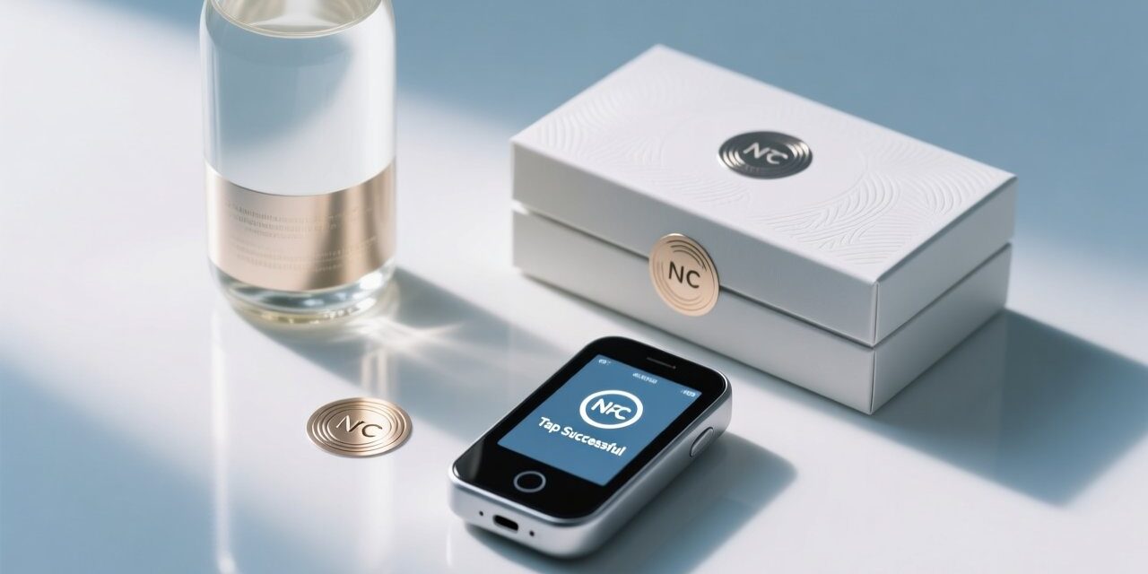 Professional studio shot of NFC-enabled smart packaging: beverage bottle and cosmetic box with visible NFC stickers, handheld NFC reader nearby, clean blue-gray background