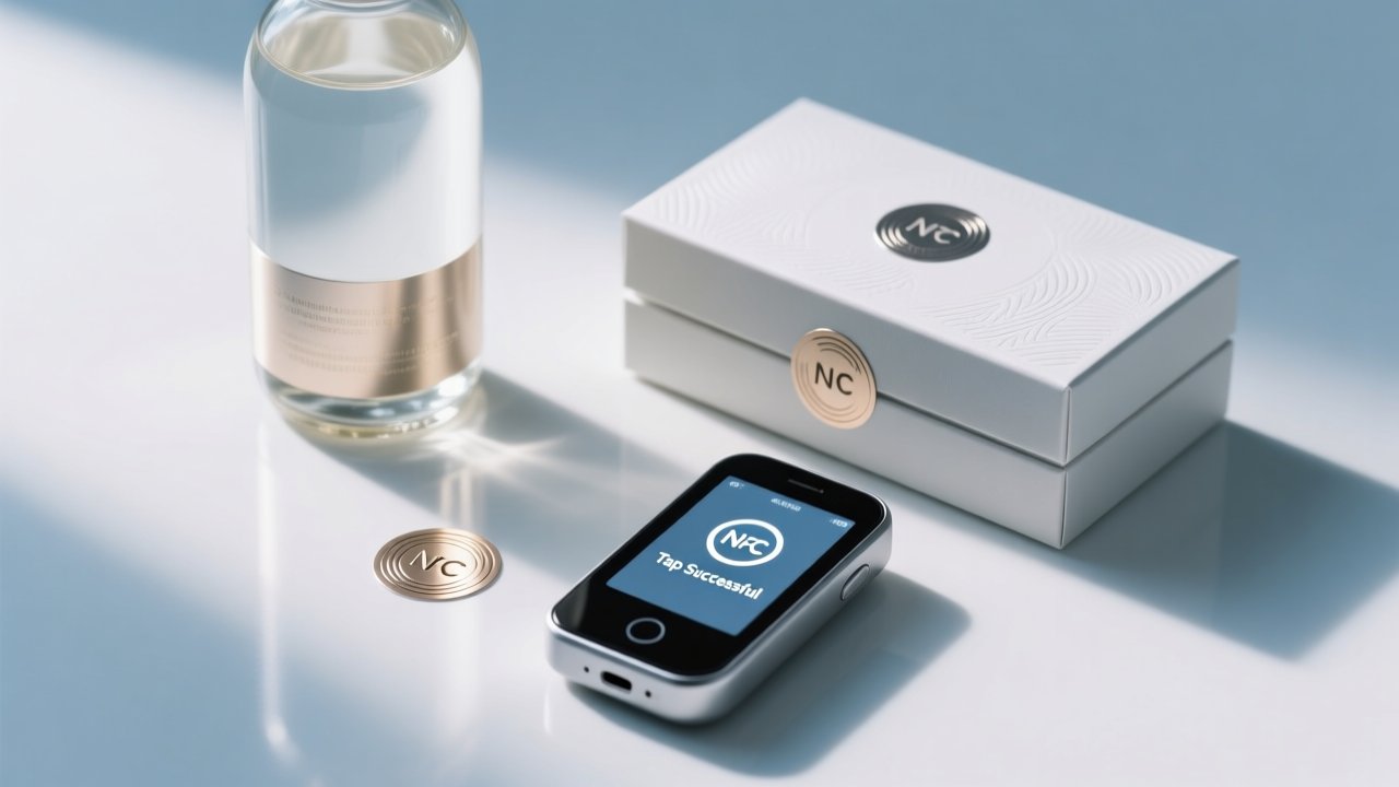 Professional studio shot of NFC-enabled smart packaging: beverage bottle and cosmetic box with visible NFC stickers, handheld NFC reader nearby, clean blue-gray background