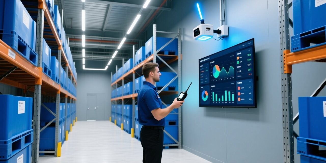 Modern warehouse with RFID-enabled pallet tracking, handheld scanner in use, fixed reader mounted on racking, clean industrial lighting