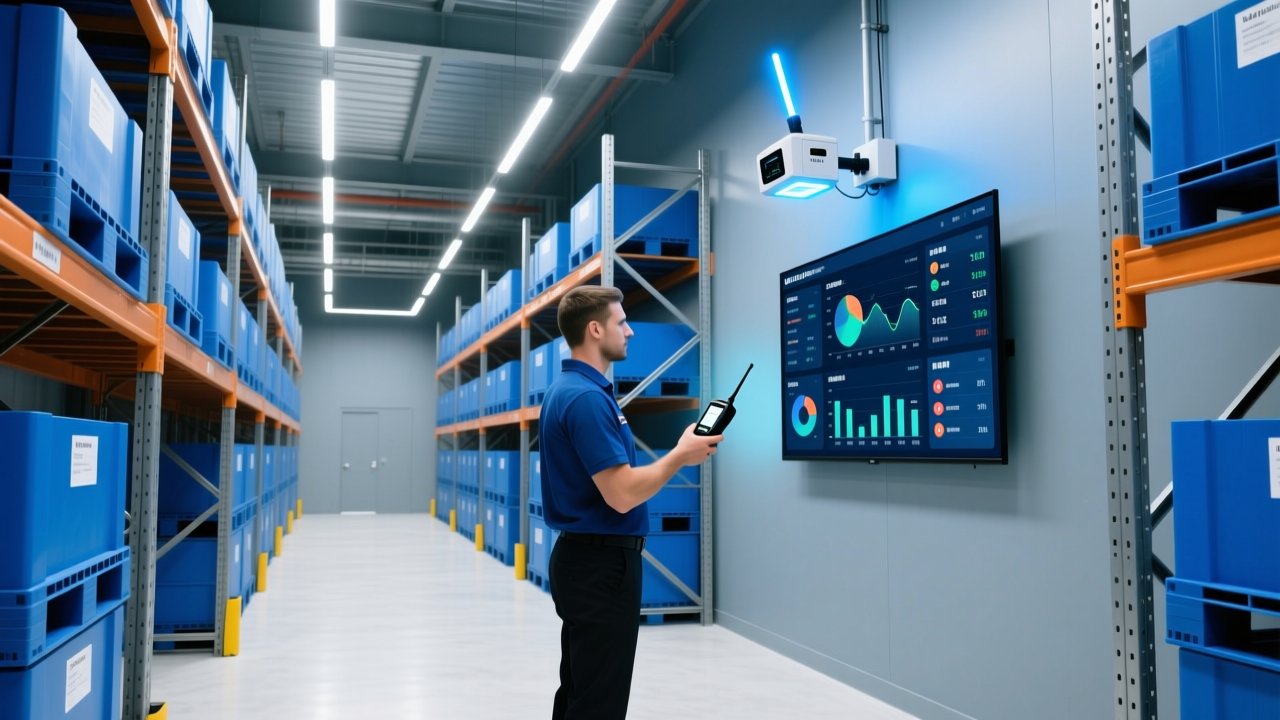 Modern warehouse with RFID-enabled pallet tracking, handheld scanner in use, fixed reader mounted on racking, clean industrial lighting