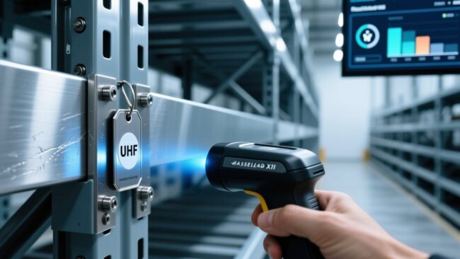 Professional warehouse scene showing UHF RFID metal tags mounted on industrial equipment, handheld RFID scanner in use, clean lighting and modern logistics environment