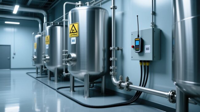 Professional industrial scene showing ATEX-certified RFID tags mounted on metal storage tanks and connected to an intrinsically safe RFID reader in a clean refinery environment