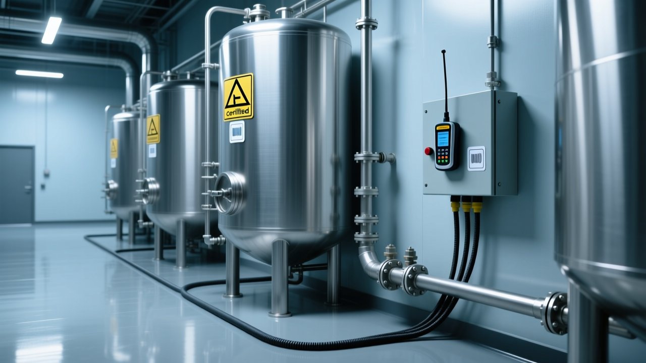Professional industrial scene showing ATEX-certified RFID tags mounted on metal storage tanks and connected to an intrinsically safe RFID reader in a clean refinery environment