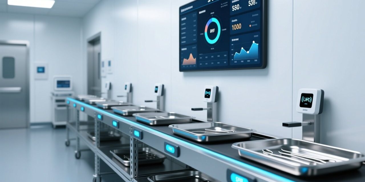 Professional hospital SPD environment with UHF RFID readers installed at tray docking stations, stainless steel surgical instrument trays, and digital dashboard showing real-time tracking status