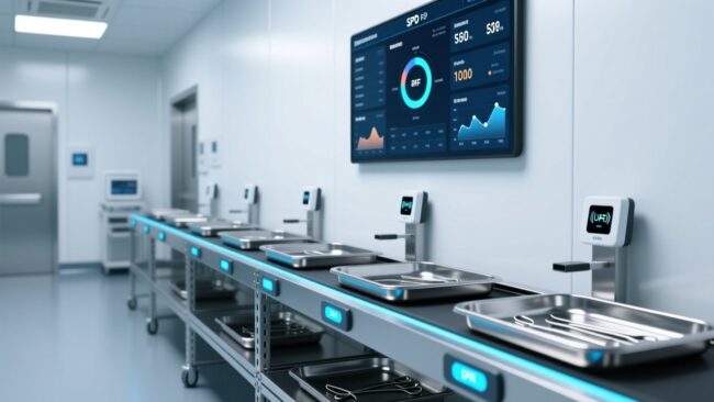 Professional hospital SPD environment with UHF RFID readers installed at tray docking stations, stainless steel surgical instrument trays, and digital dashboard showing real-time tracking status