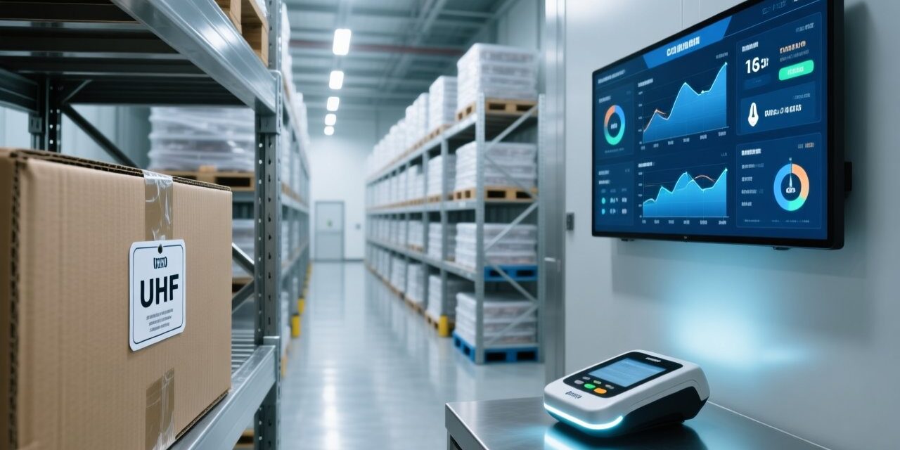 Professional industrial warehouse scene showing RFID tags on frozen food pallets, UHF desktop reader scanning, clean blue-gray color scheme, no text