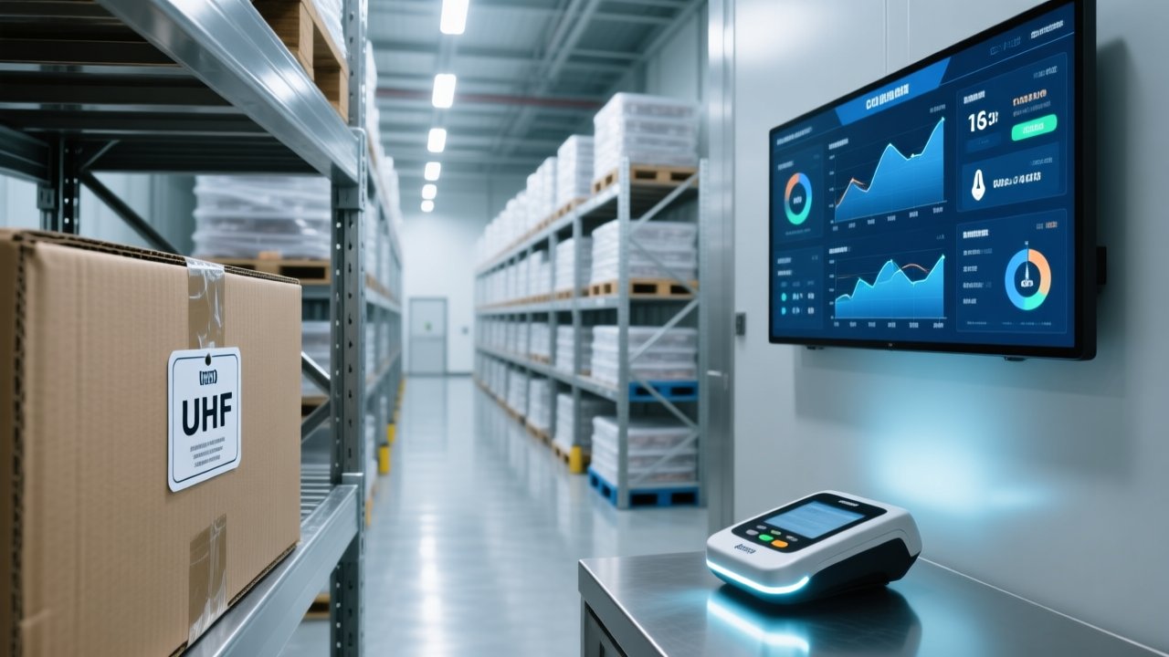 Professional industrial warehouse scene showing RFID tags on frozen food pallets, UHF desktop reader scanning, clean blue-gray color scheme, no text