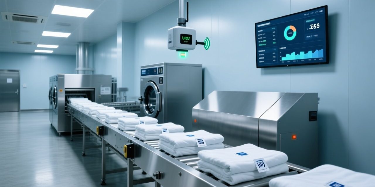 Professional industrial laundry facility with RFID-enabled linen sorting station, UHF reader scanning tagged textiles, clean modern setup