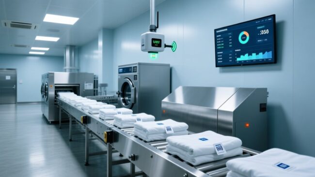 Professional industrial laundry facility with RFID-enabled linen sorting station, UHF reader scanning tagged textiles, clean modern setup