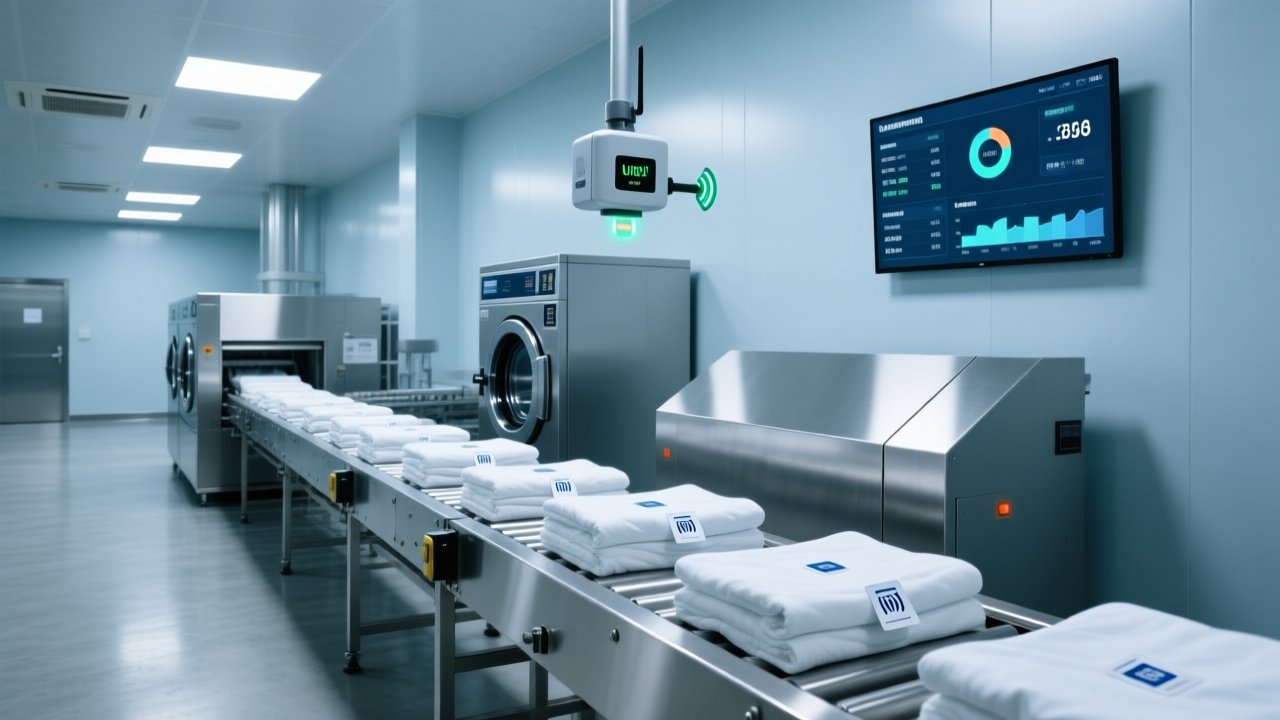 Professional industrial laundry facility with RFID-enabled linen sorting station, UHF reader scanning tagged textiles, clean modern setup