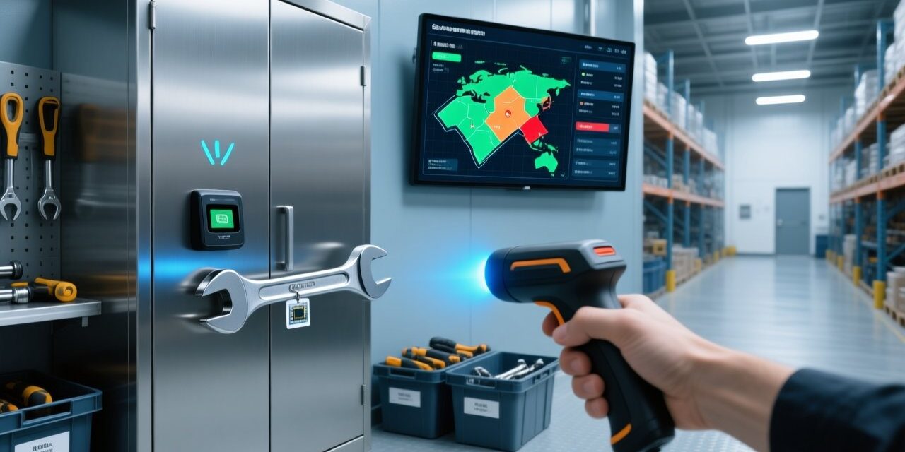 blog-cover-1776327753718 Professional warehouse scene showing RFID tool tracking: metal tool cabinet with embedded RFID reader, handheld scanner scanning a tagged wrench, digital dashboard displaying tool status, clean industrial lighting