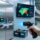 Professional warehouse scene showing RFID tool tracking: metal tool cabinet with embedded RFID reader, handheld scanner scanning a tagged wrench, digital dashboard displaying tool status, clean industrial lighting