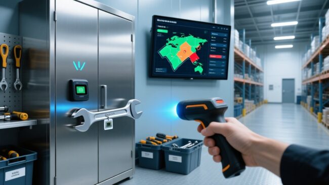 Professional warehouse scene showing RFID tool tracking: metal tool cabinet with embedded RFID reader, handheld scanner scanning a tagged wrench, digital dashboard displaying tool status, clean industrial lighting