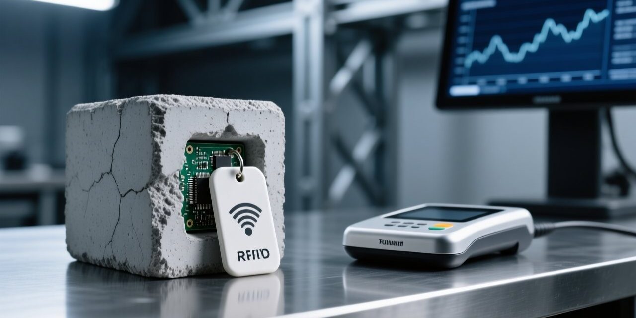 Professional close-up of RFID ceramic tag embedded in cured concrete block, with UHF desktop reader scanning nearby, clean industrial lighting, blue-gray palette