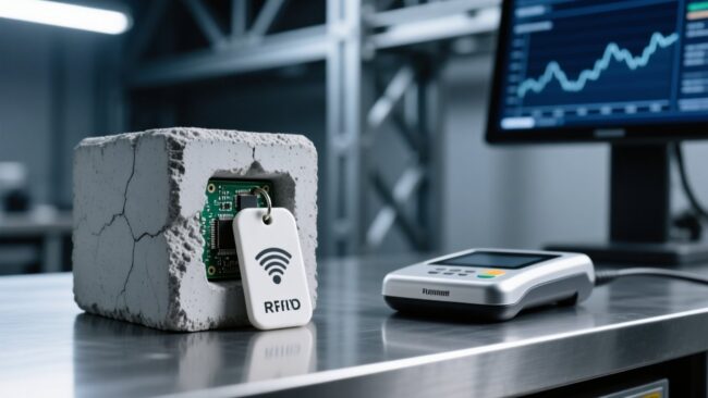 Professional close-up of RFID ceramic tag embedded in cured concrete block, with UHF desktop reader scanning nearby, clean industrial lighting, blue-gray palette
