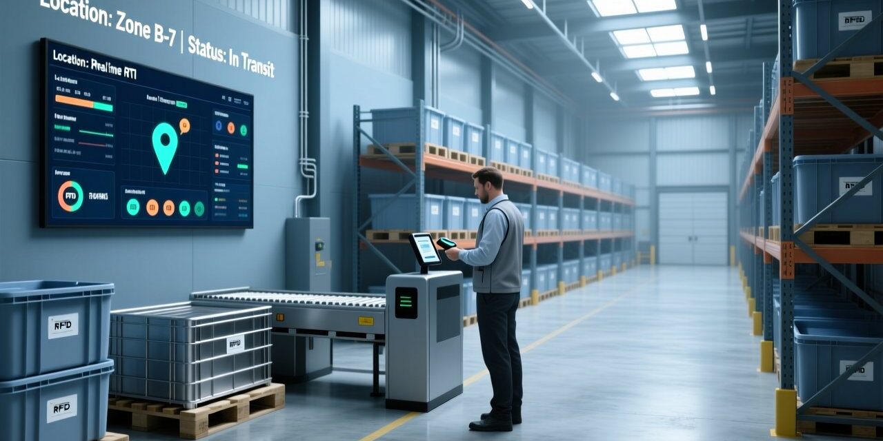 Professional warehouse scene showing RFID-enabled metal pallets, handheld scanner, and digital dashboard displaying RTI tracking data