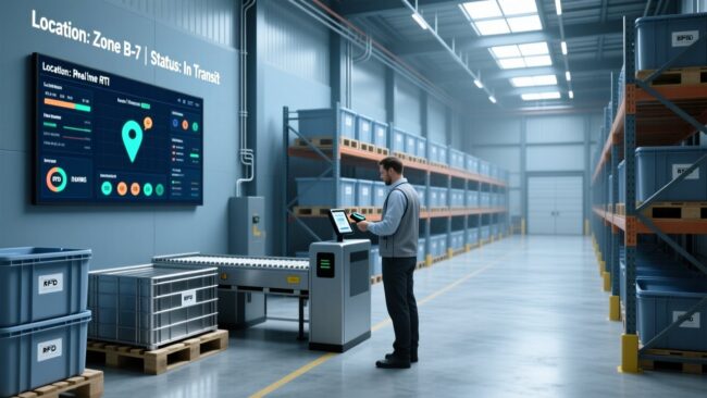 Professional warehouse scene showing RFID-enabled metal pallets, handheld scanner, and digital dashboard displaying RTI tracking data