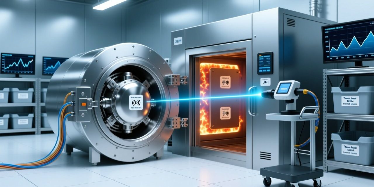 Professional industrial scene showing high temperature RFID tags mounted on metal components inside an autoclave chamber and paint-curing oven, with RFID reader antenna visible