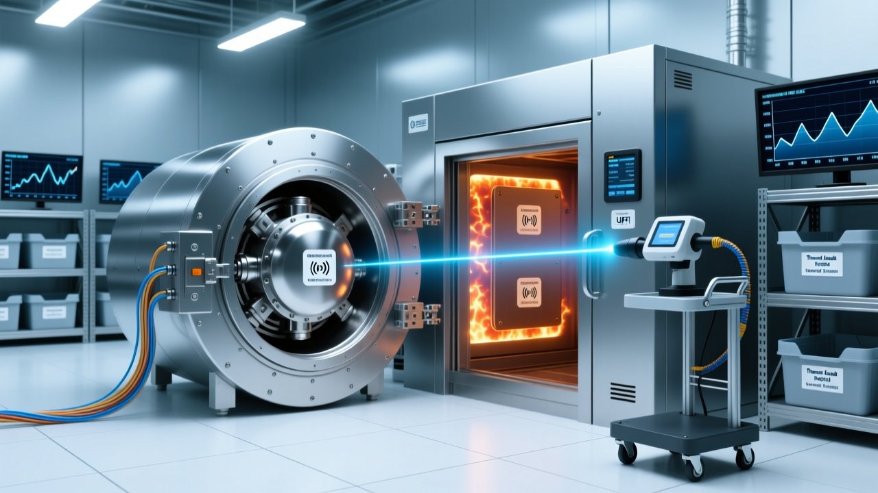 Professional industrial scene showing high temperature RFID tags mounted on metal components inside an autoclave chamber and paint-curing oven, with RFID reader antenna visible