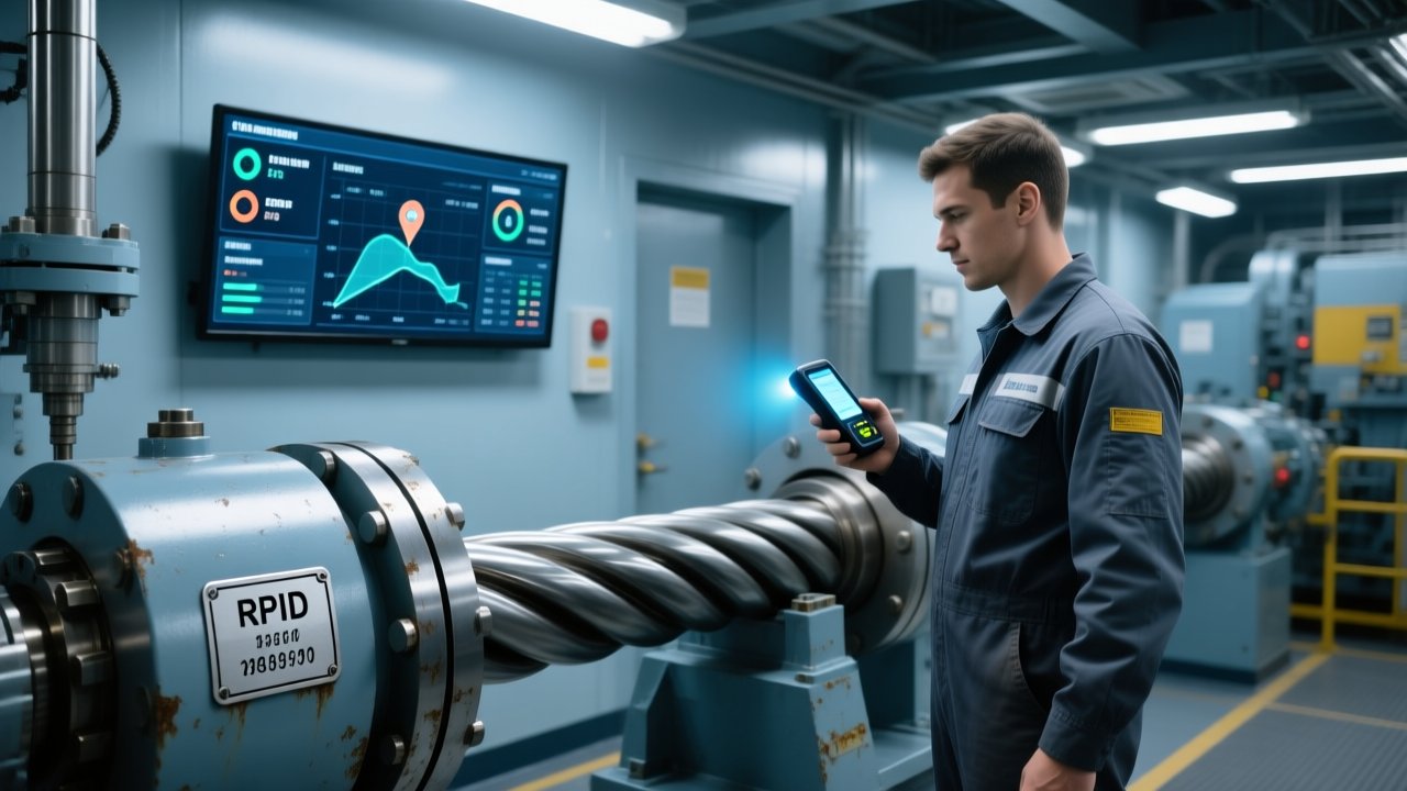 Professional industrial scene showing rugged RFID metal tags on steel drilling equipment, handheld RFID scanner in use, clean offshore platform background with digital dashboard
