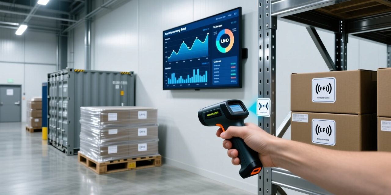 Professional warehouse scene with RFID reader scanning metal shelf, UHF RFID tags on pallets, digital dashboard showing frequency band data, clean blue-gray lighting