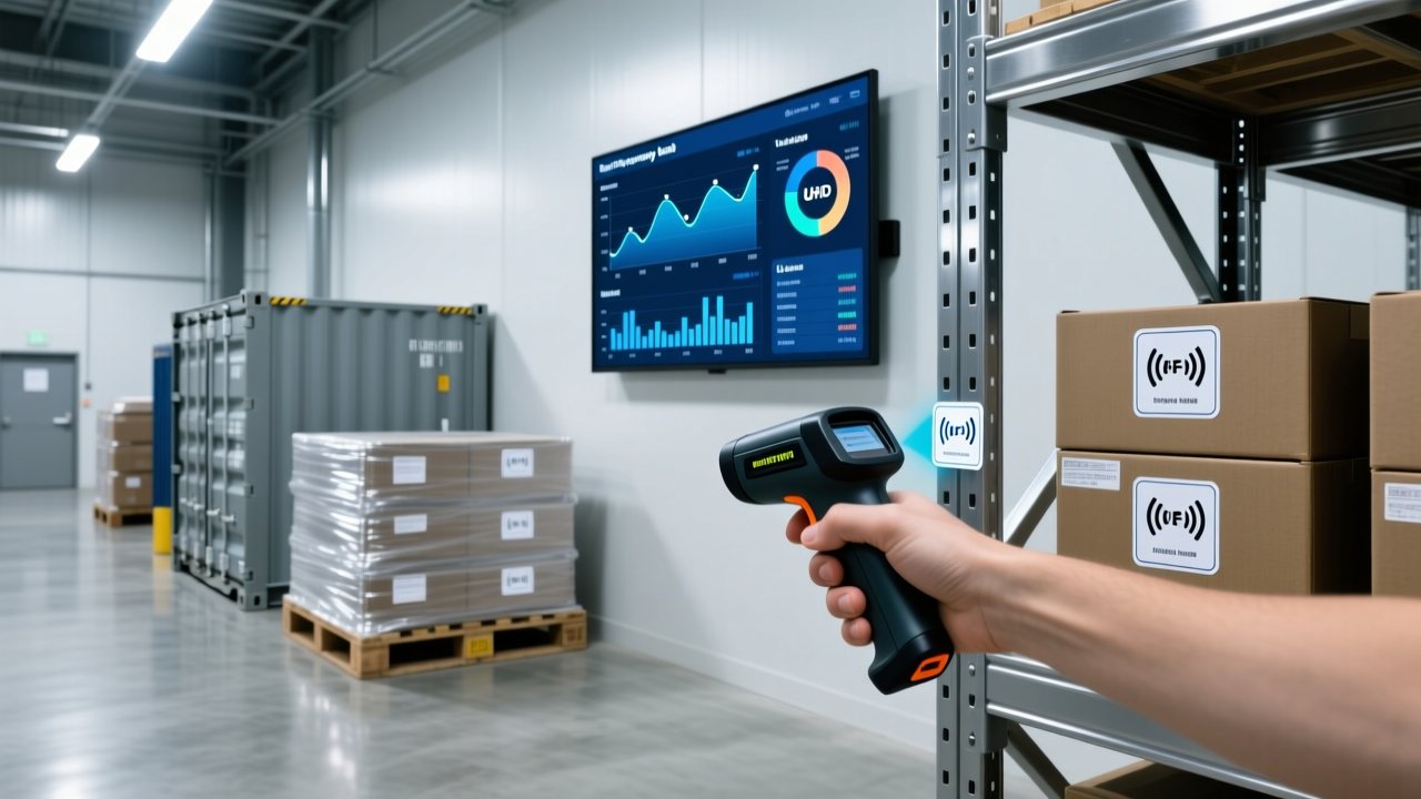 Professional warehouse scene with RFID reader scanning metal shelf, UHF RFID tags on pallets, digital dashboard showing frequency band data, clean blue-gray lighting