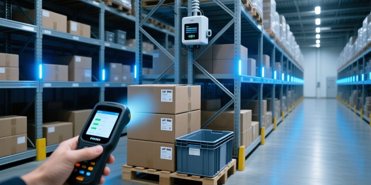 Professional warehouse scene showing UHF RFID reader scanning metal shelving with RFID tags on cartons and pallets
