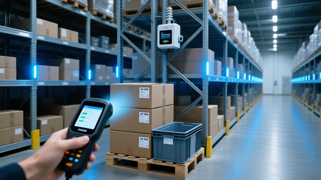 Professional warehouse scene showing UHF RFID reader scanning metal shelving with RFID tags on cartons and pallets