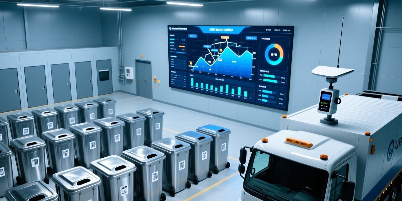 Professional overhead view of smart waste management system with RFID-tagged bins, UHF reader antenna, and digital dashboard showing optimized collection routes