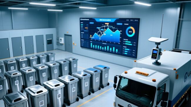 Professional overhead view of smart waste management system with RFID-tagged bins, UHF reader antenna, and digital dashboard showing optimized collection routes