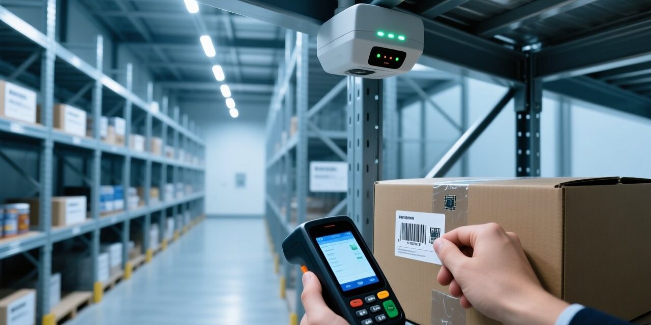 Professional warehouse setting showing RFID label application on product packaging, handheld scanner, and industrial RFID reader with clean blue-gray lighting