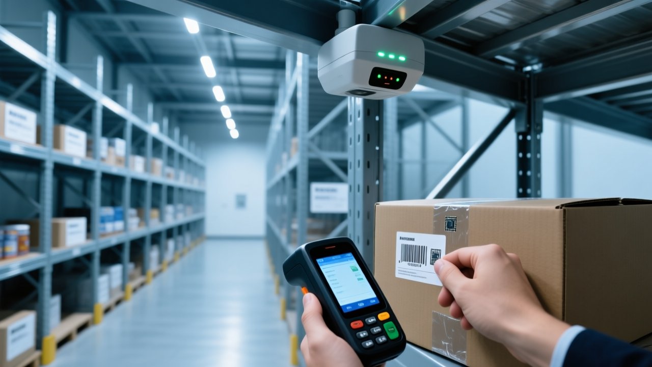 Professional warehouse setting showing RFID label application on product packaging, handheld scanner, and industrial RFID reader with clean blue-gray lighting