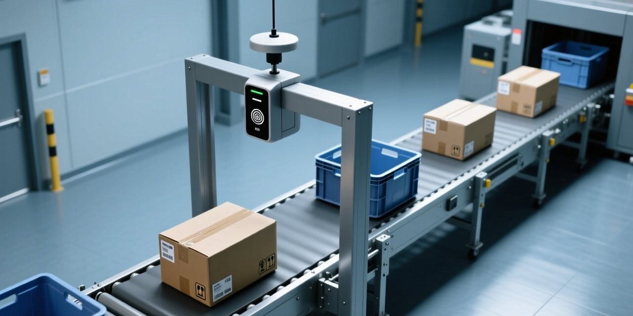 Professional overhead view of an industrial conveyor belt with integrated RFID portal antenna system, metal frame, and tagged parcels in motion