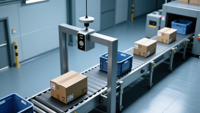 Professional overhead view of an industrial conveyor belt with integrated RFID portal antenna system, metal frame, and tagged parcels in motion
