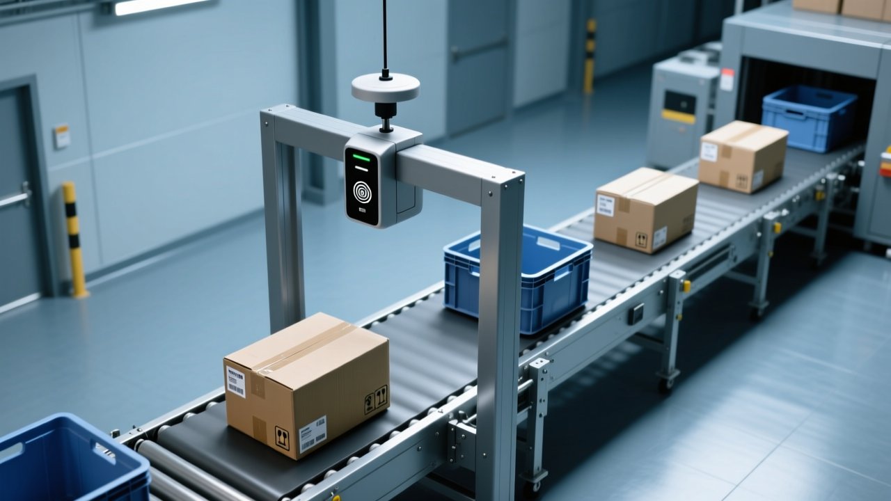Professional overhead view of an industrial conveyor belt with integrated RFID portal antenna system, metal frame, and tagged parcels in motion